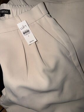 LOFT Cream Pleated Front Trousers with Elastic Waist